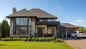A luxurious modern house in Vaughan, Ontario, Canada, on a sunny summer day. The house features a combination of stone and wood siding, large windows