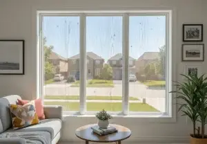 A cozy living room with a large window featuring three panes of transparent wood glass, looking out onto a sunny residential street with houses in Vaughan.