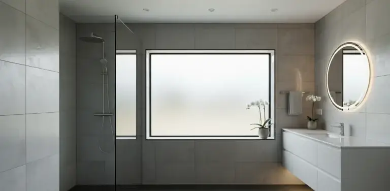 A close-up view of a sandblasted, frosted bathroom window with a subtle texture, framed by light gray subway tiles and a dark border. On the windowsill, a white orchid in a ceramic pot is illuminated by diffused light.