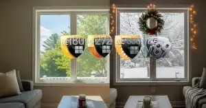 A split-screen image showing the same window in two different seasons, summer and winter, highlighting the year-round performance of LoE glass.