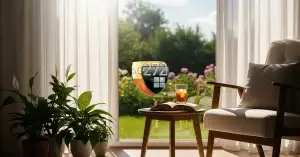 A cozy indoor scene with an open book on a small table, a comfortable armchair, and large windows looking out onto a beautiful, sunlit backyard.