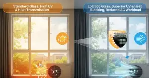 A side-by-side comparison of a standard window and a window with LoE 366 glass, showing how the latter blocks UV and heat transmission.