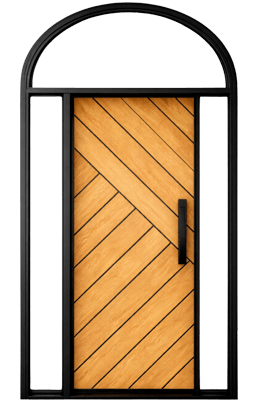 Single fiberglass door with dual sidelights and half-moon transom