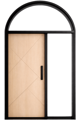 Single fiberglass door with right sidelight and half-moon transom