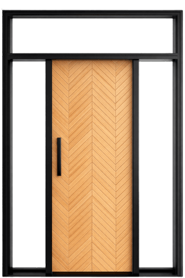 Single fiberglass door with transom and dual sidelights