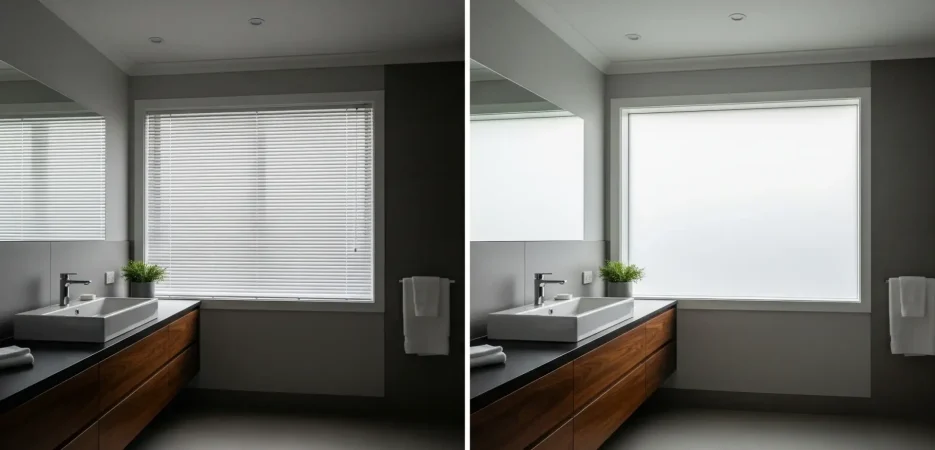 A side-by-side image of a bathroom. The left side shows a window with closed blinds, and the right side shows the same window with sandblasted glass.