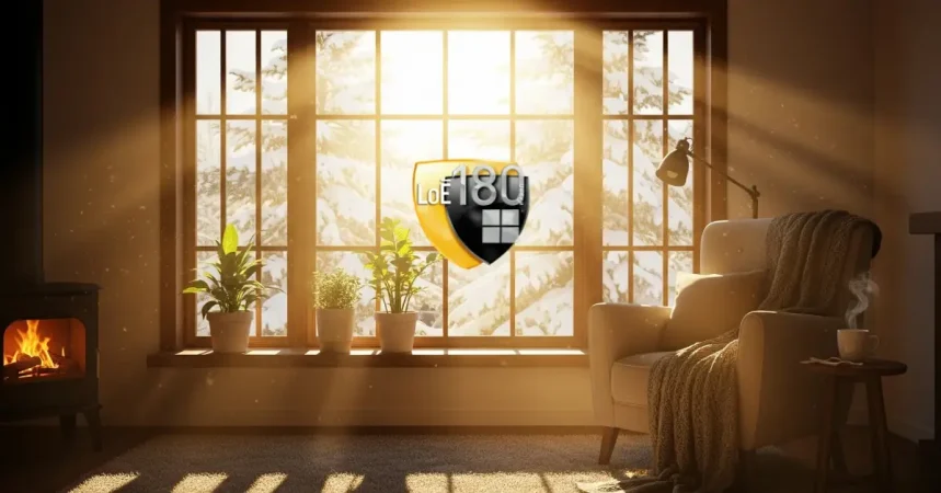 A warm, sunlit interior with a comfortable armchair and plants on a wide windowsill, looking out at a snowy, sun-drenched winter landscape.