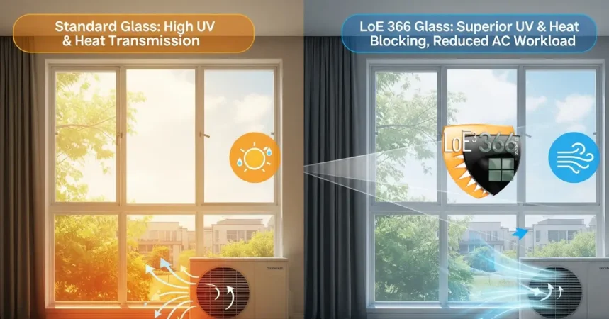 A side-by-side comparison of a standard window and a window with LoE 366 glass, showing how the latter blocks UV and heat transmission.
